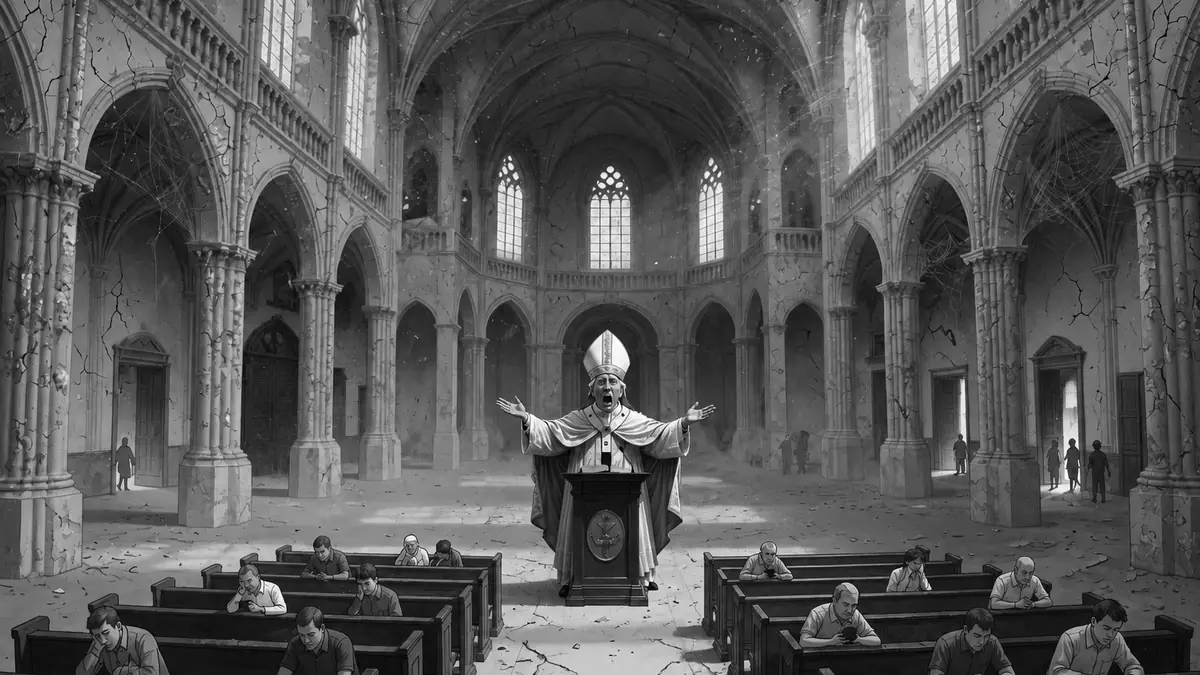 A dramatic preacher standing at a pulpit inside a ruined cathedral, with people seated in pews beneath tall arches and dusty light.