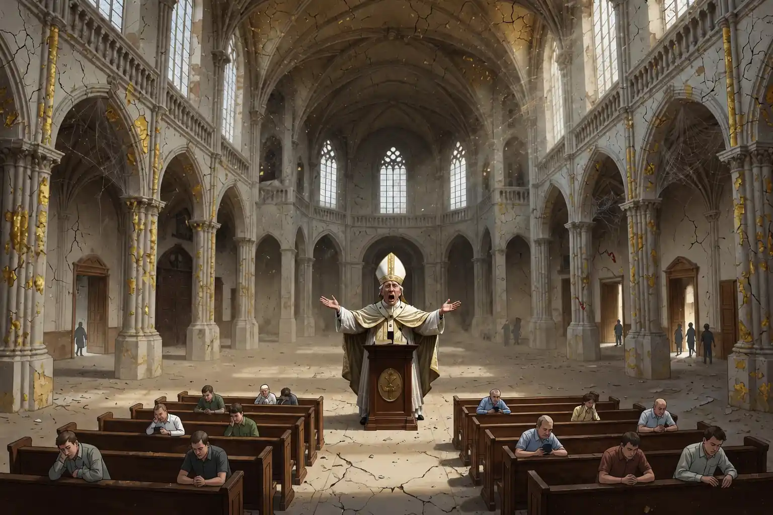 A dramatic preacher standing at a pulpit inside a ruined cathedral, with people seated in pews beneath tall arches and dusty light.