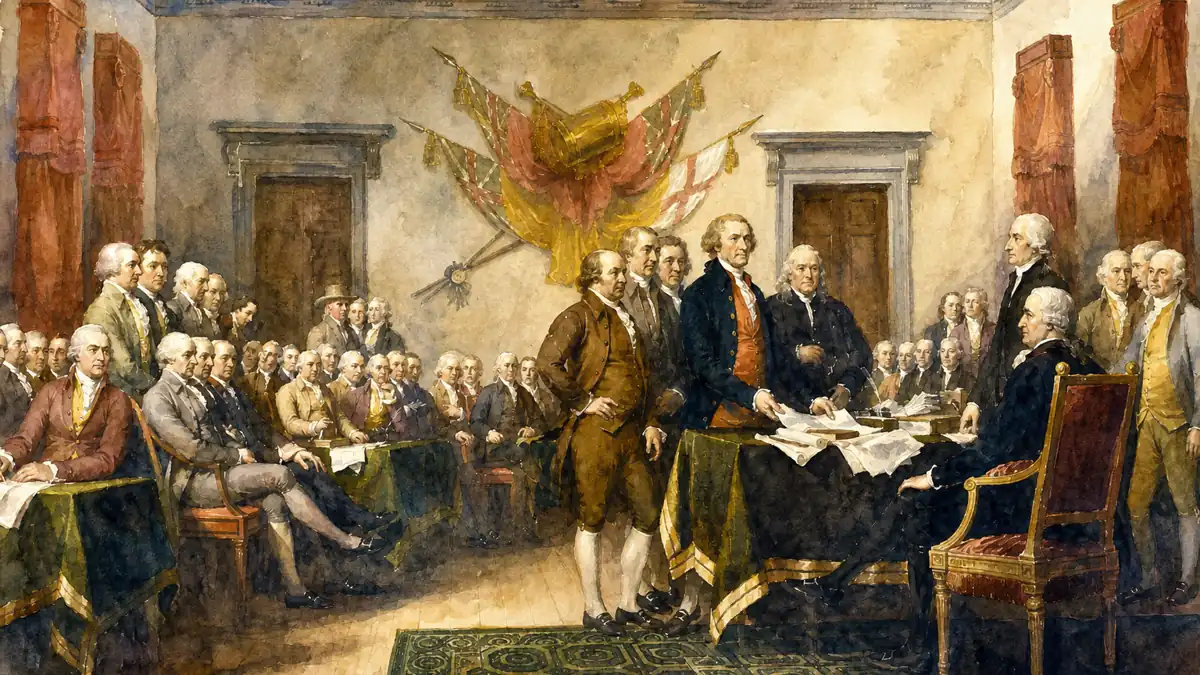 AI-generated rendering in the style of John Trumbull's "Declaration of Independence" painting.