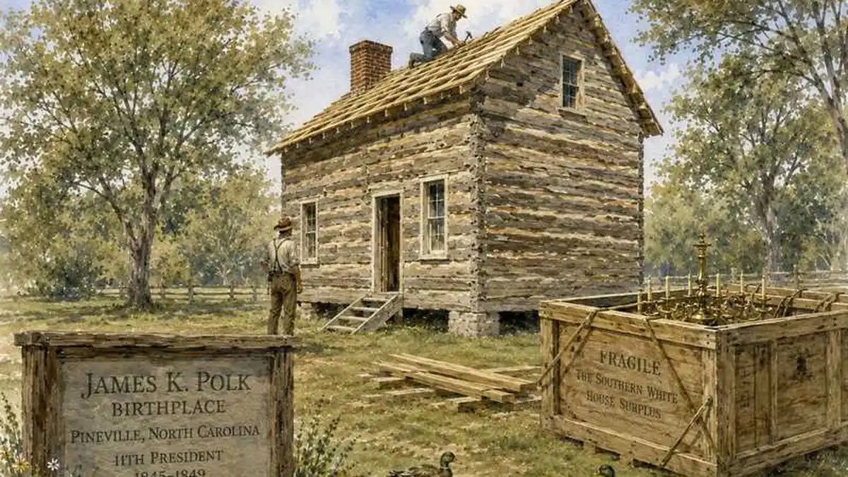 Watercolor of James K. Polk's reconstructed log-cabin birthplace in Pineville, North Carolina, with a worker on the roof and a crated gold chandelier marked The Southern White House Surplus. AI-generated image.