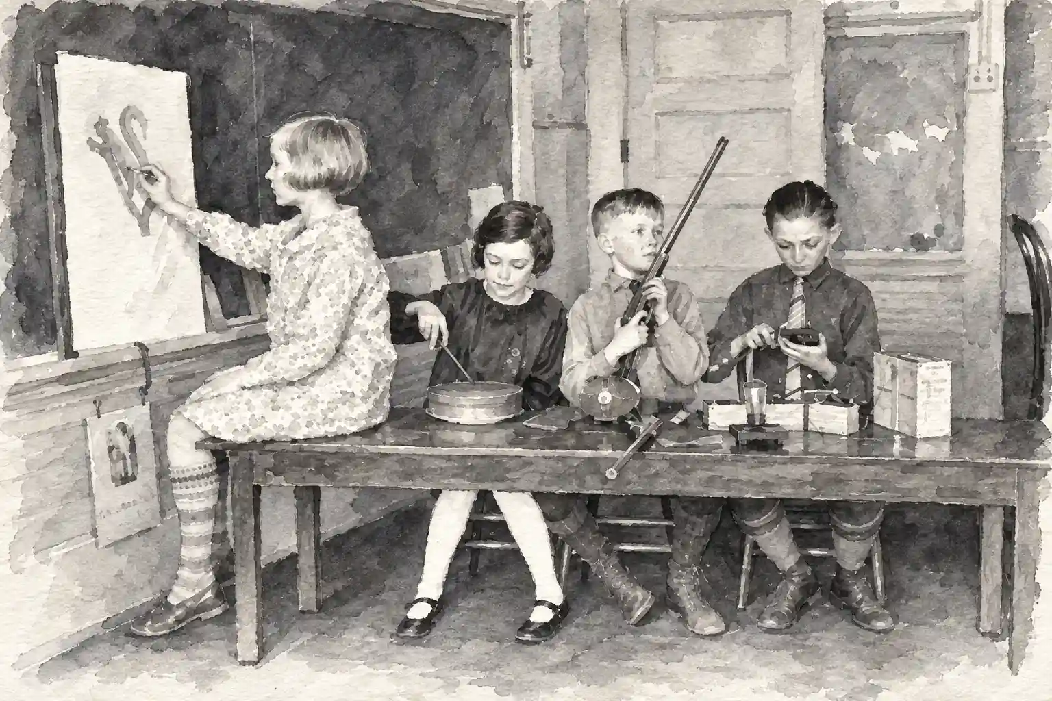Sepia watercolor of a girl drawing at an easel while three children at a long table handle a rifle, a tin and small objects