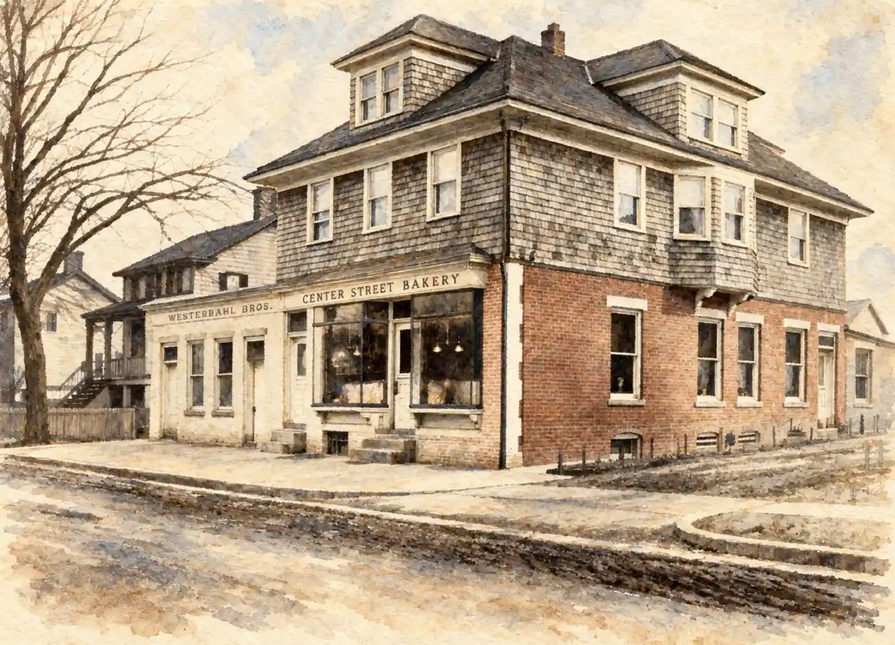 Watercolor of a corner building with brick and shingle walls, a ground-floor bakery sign reading Richmond Bakery, and a bare tree.