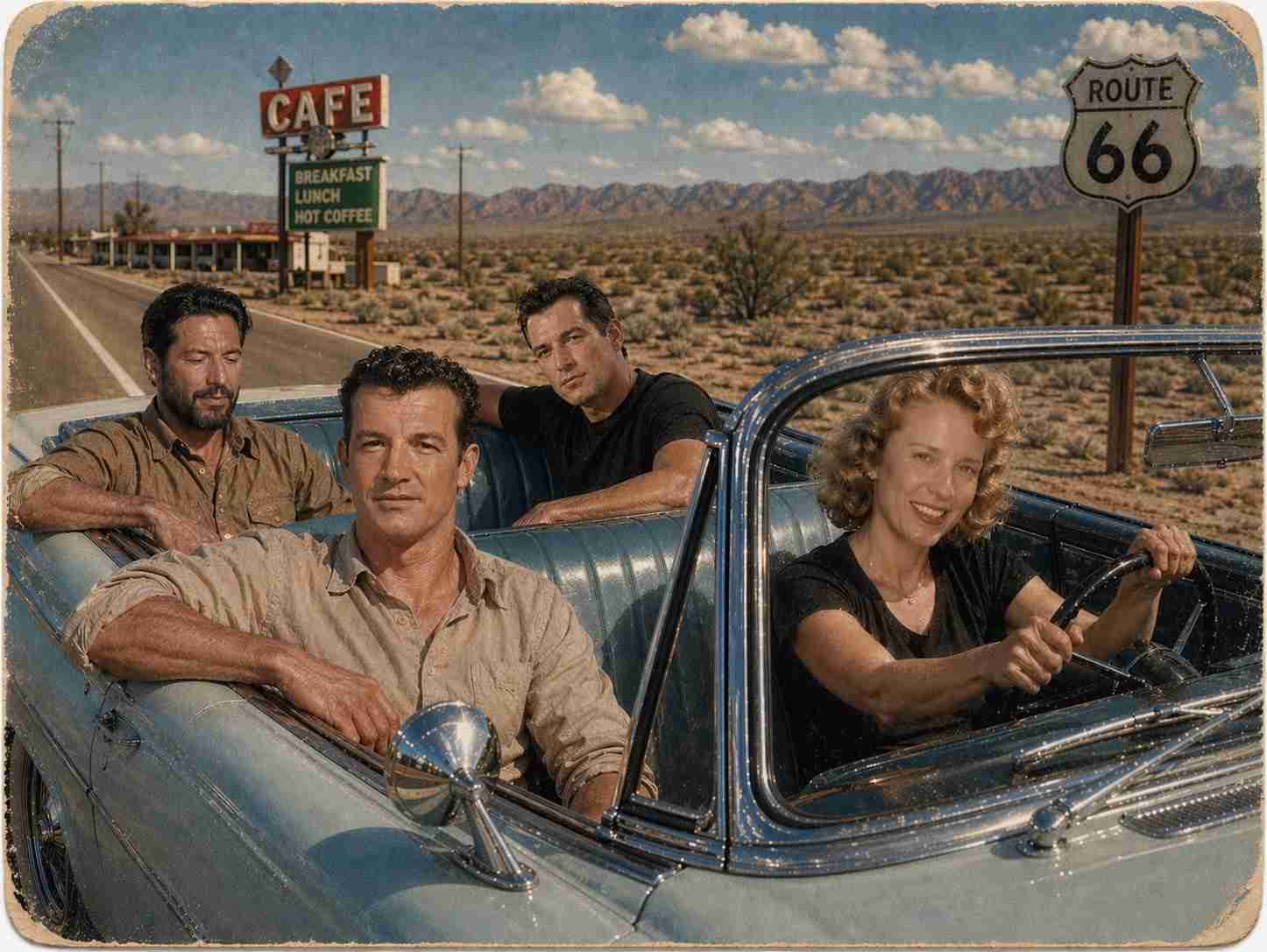 AI illustration of John Steinbeck, Jack Kerouac, Don Ashworth, and Mary Ashworth driving in a convertible on Route 66