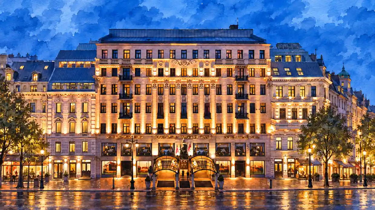 Floodlit Corinthia Hotel façade on a rainy evening, with glass canopies at the entrance and lamplit street reflections