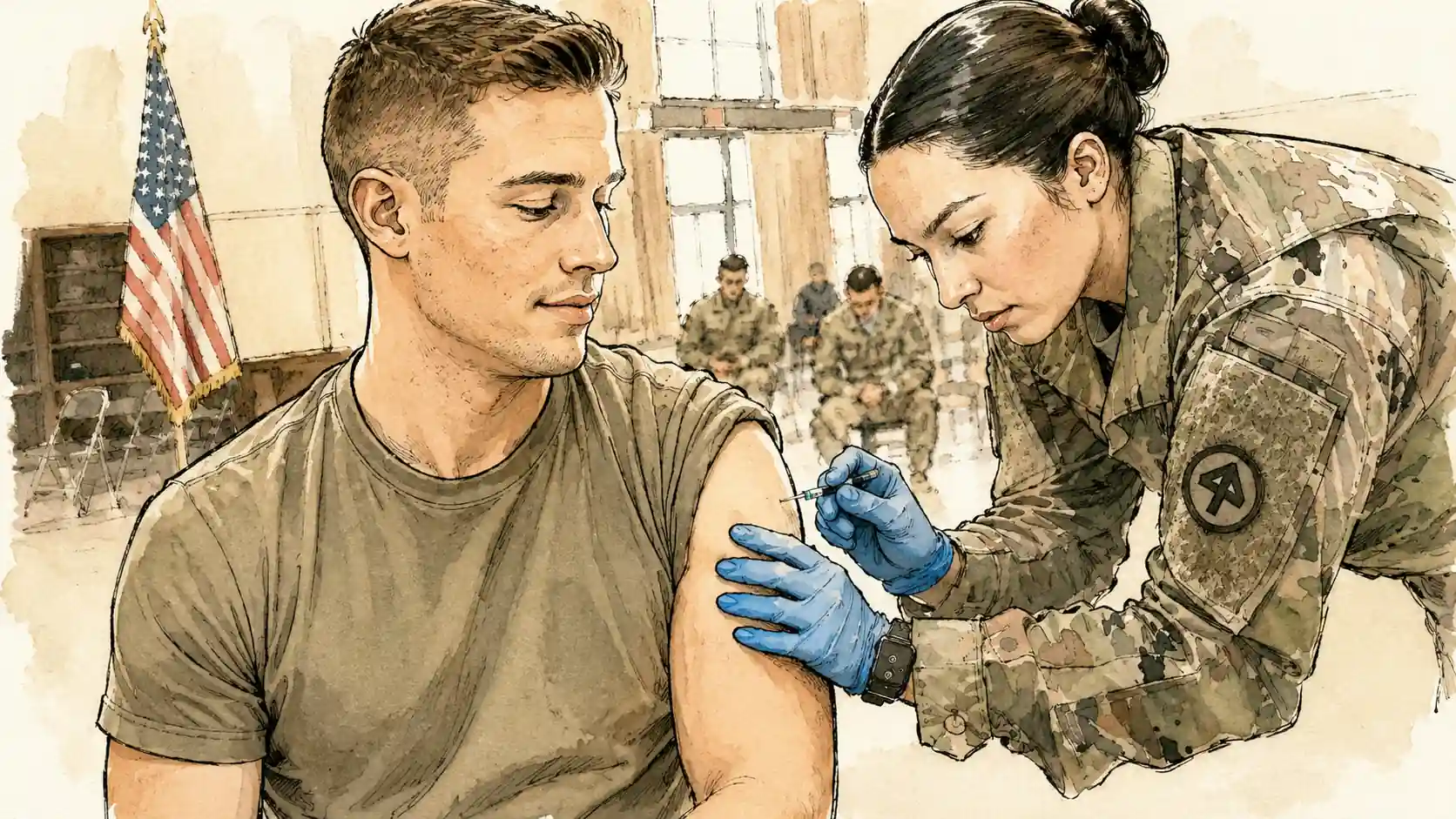 AI-generated image of a soldier receiving an injection from a military nurse