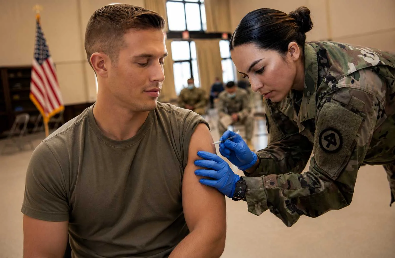 AI-generated image of a soldier receiving an injection from a military nurse
