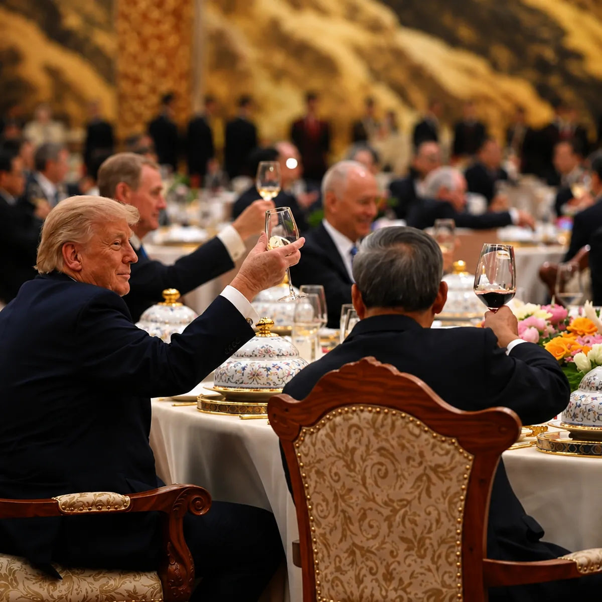 AI-generated image of Trump and Xi Jinping at a state dinner in the Great Hall of the People, Beijing