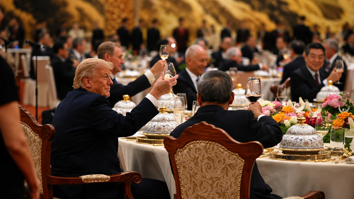 AI-generated image of Trump and Xi Jinping at a state dinner in the Great Hall of the People, Beijing