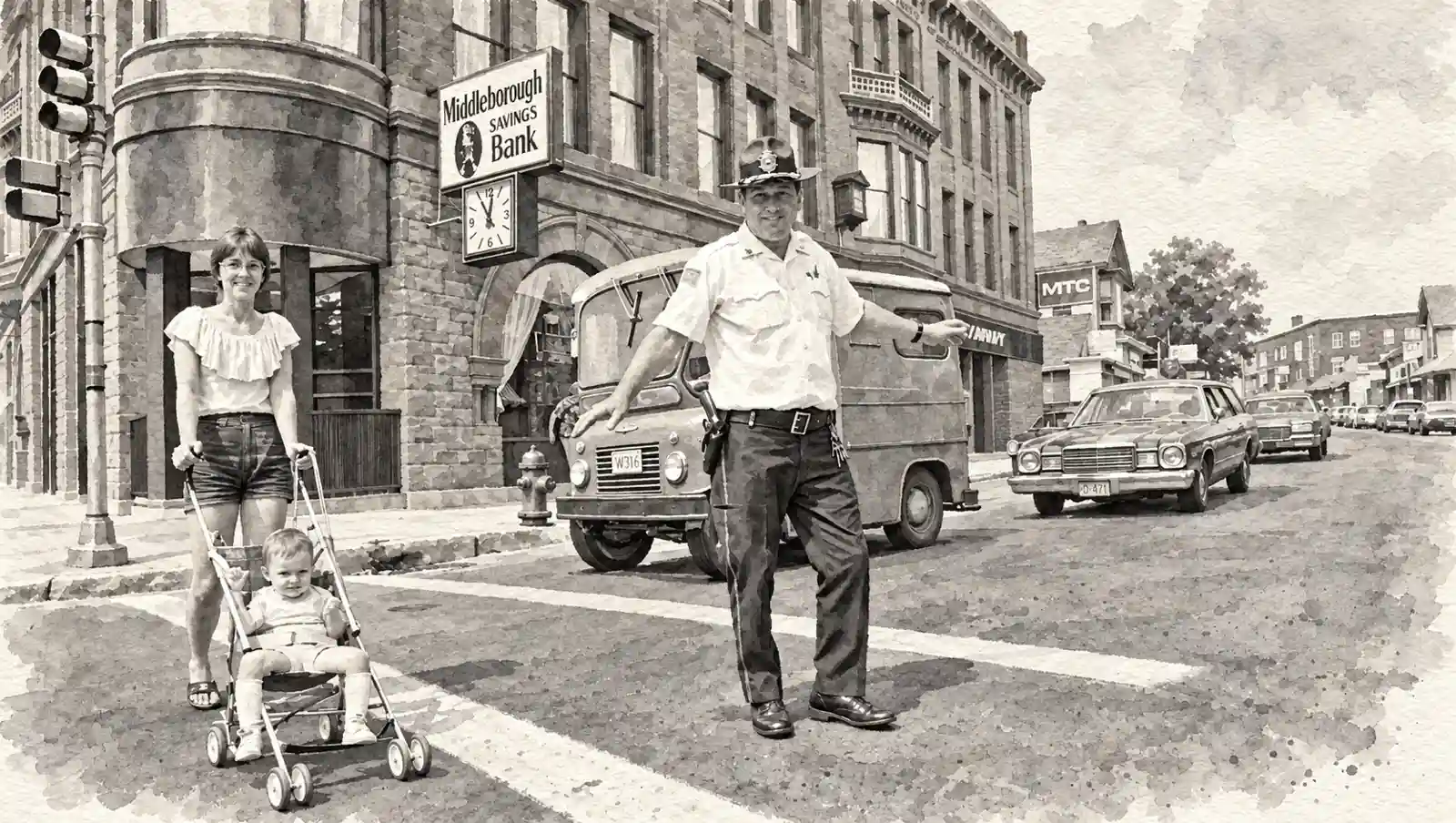 Police officer Norman Record in uniform directs traffic at a crosswalk as a woman pushes a stroller past a savings bank corner