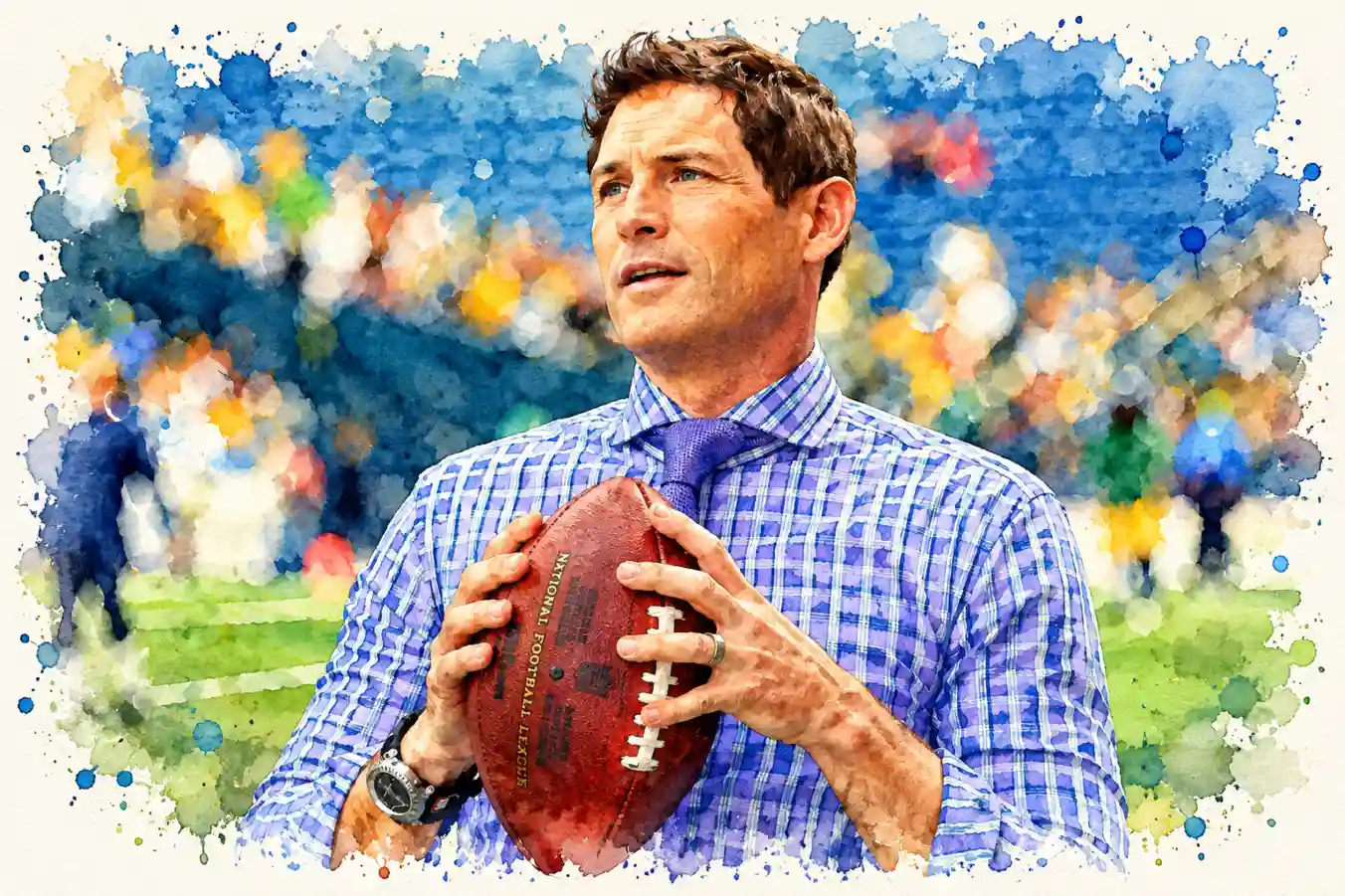 Watercolor-style portrait of a man in a blue checked shirt and purple tie holding a football, stadium crowd behind