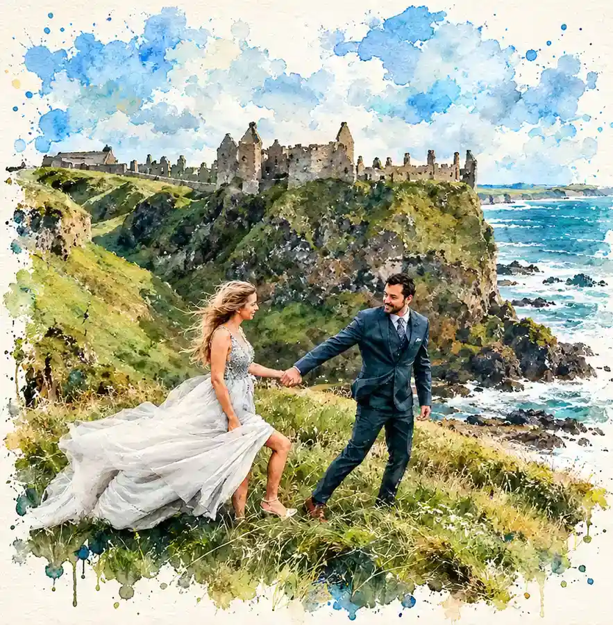 Watercolor-style couple holding hands on a grassy clifftop, ruined castle above and waves breaking on rocks