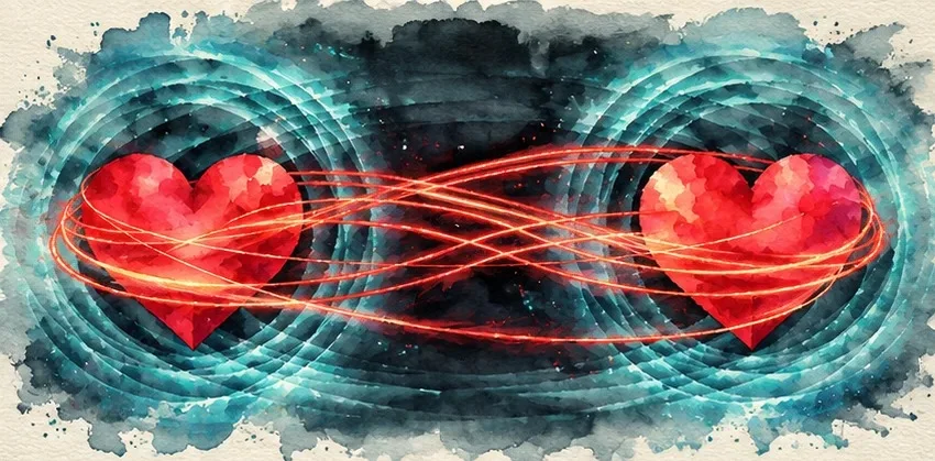 Two red hearts joined by glowing orange looping lines against swirling teal rings on a dark watercolor background