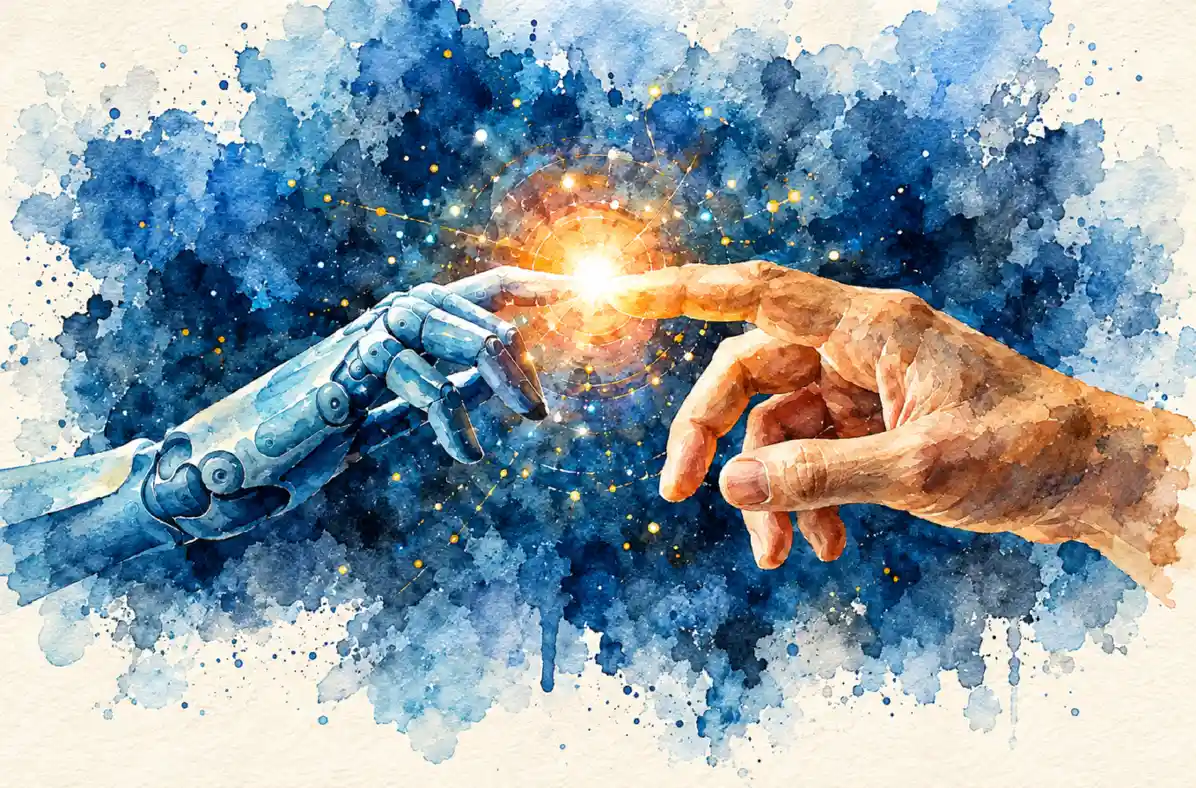 Watercolor of a robotic hand and a human hand reaching toward a glowing light against a blue starry splatter.
