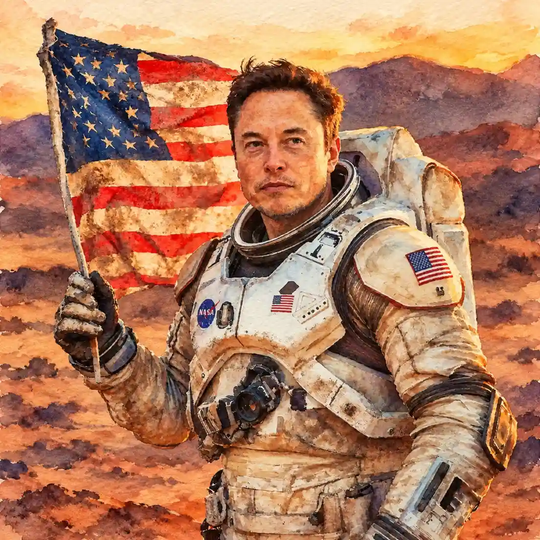 watercolor of Elon Musk as an astronaut