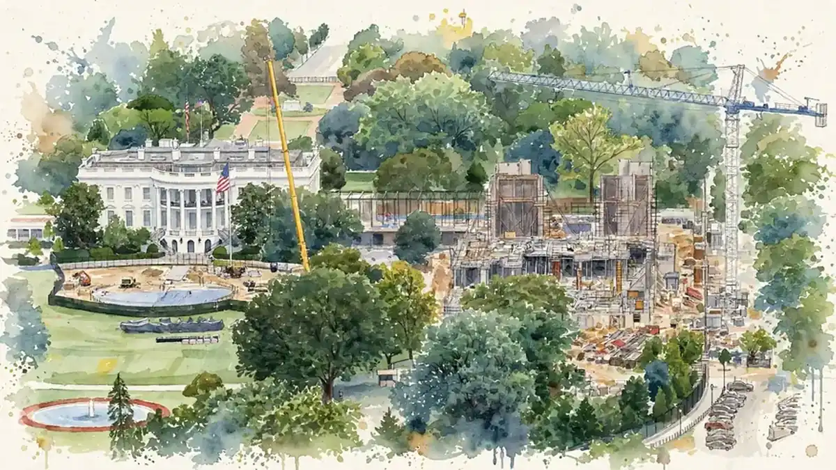 AI-generated watercolor of the White House with the East Wing under construction