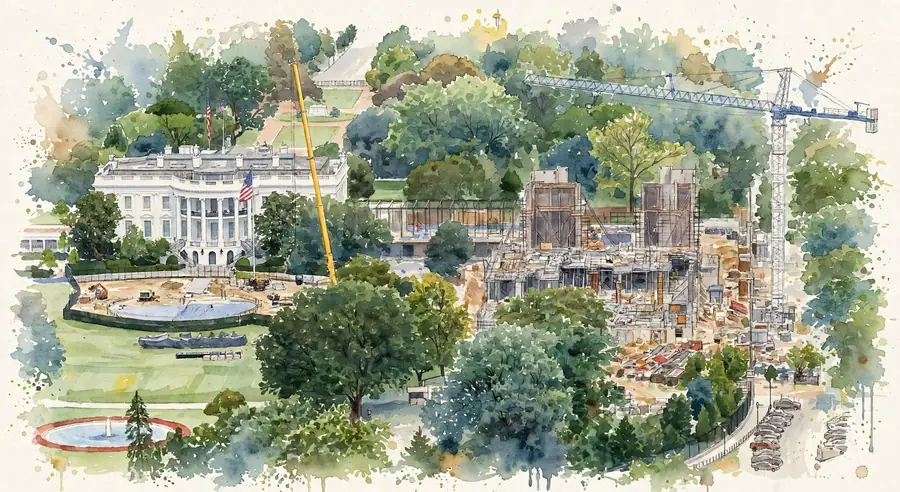 AI-generated watercolor of the White House with the East Wing under construction